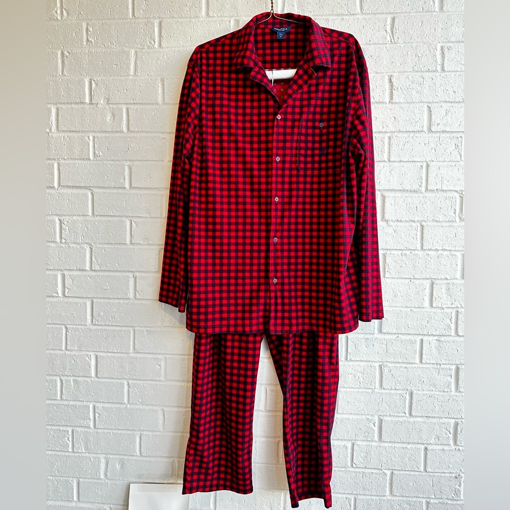Nautica Men’s Ultra Soft Fleece Plaid Red and Black Lounge Pajama Set Size XL